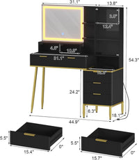 Garvee Coiffeuse cannelée avec miroir et éclairage LED, 5 tiroirs, station de chargement USB, noir et or, chambre, 114 cm (114 cm)
