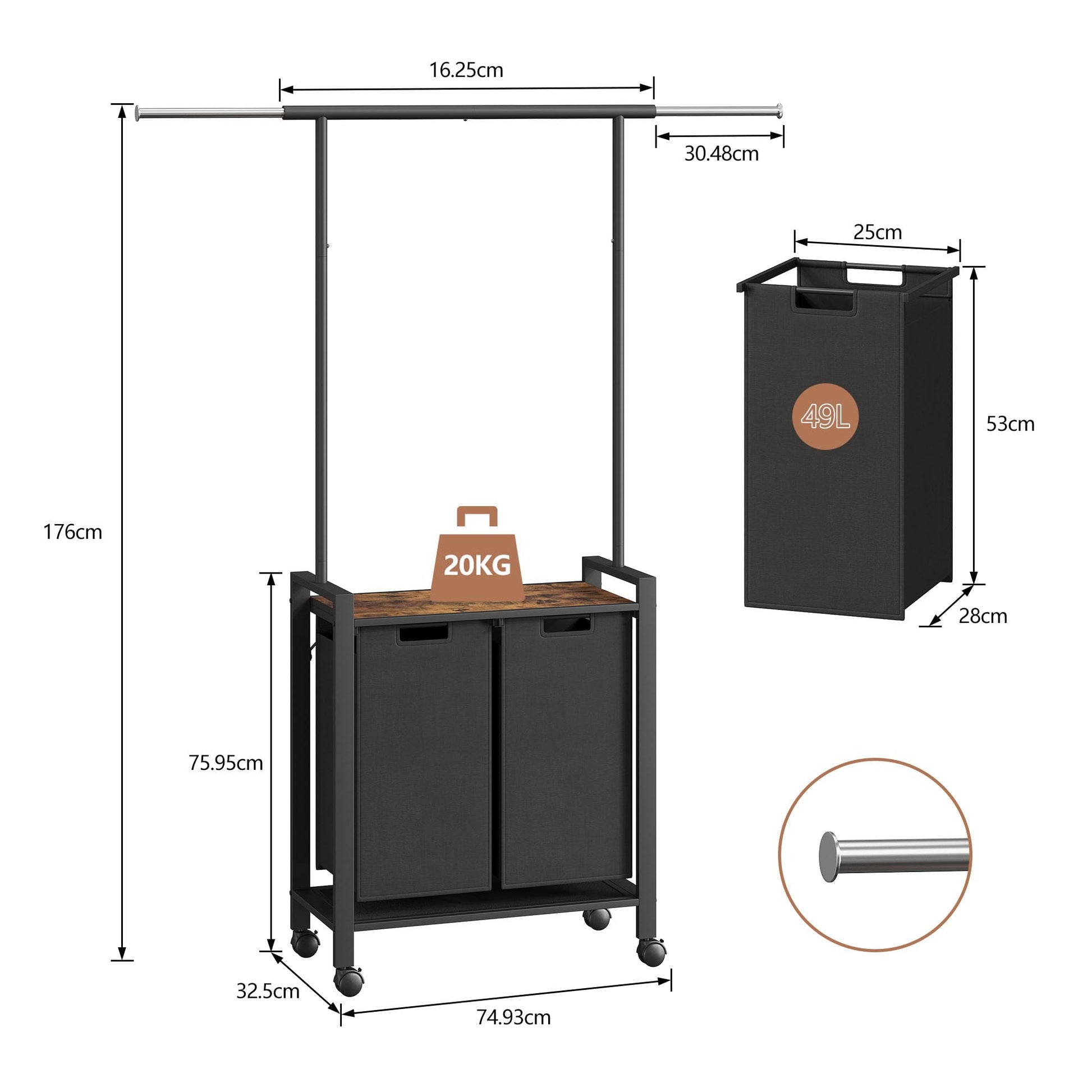 Panier à linge Garvee Trieur de linge à 2 compartiments avec barre de suspension et étagère en bois pour buanderie, 2 x 13 gal, noir