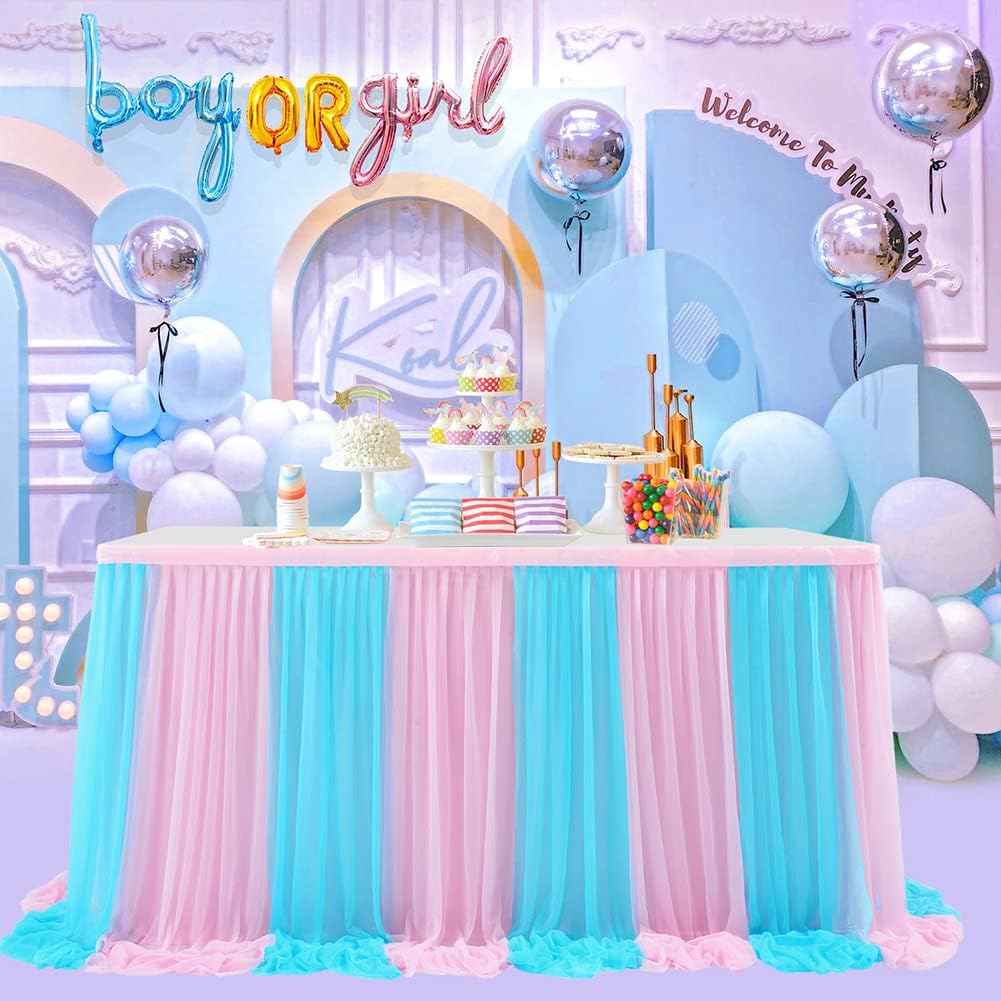 Jupe de table en tulle Garvee Monouso rose et bleu - Protection de table douce et réutilisable pour mariages et fêtes, 1,8 m/2,7 m/4,2 m, élégante et festive