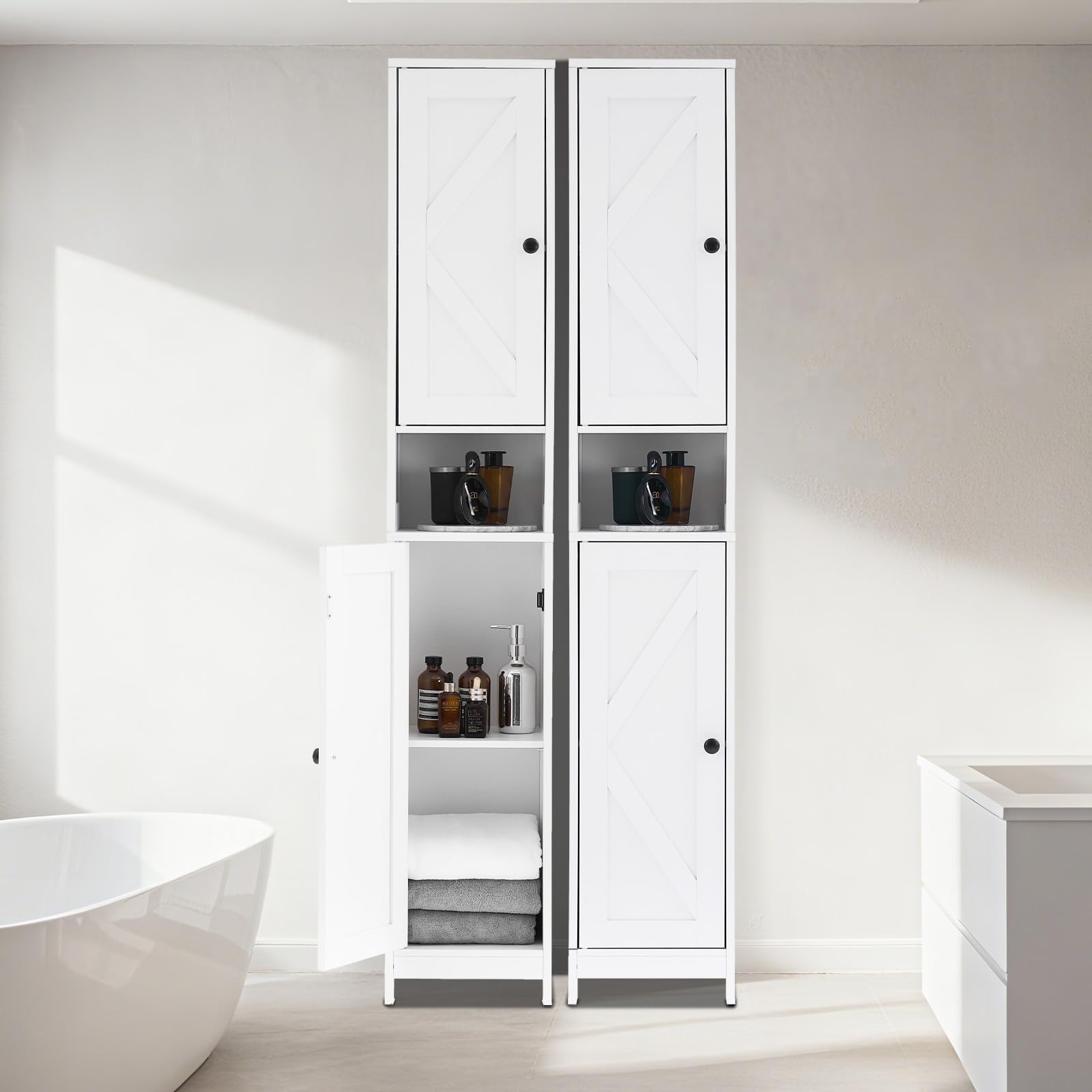 Meuble de salle de bain Garvee 170 cm de haut avec 2 portes coulissantes, 1 tiroir, pour salle de bain et cuisine, en bois, étroit, robuste et polyvalent, avec portes en acrylique transparent et blanc.