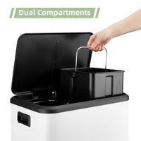 Poubelle double compartiment Garvee en acier inoxydable 30 L avec couvercle à fermeture douce, compacte et argentée, idéale pour les petites cuisines.