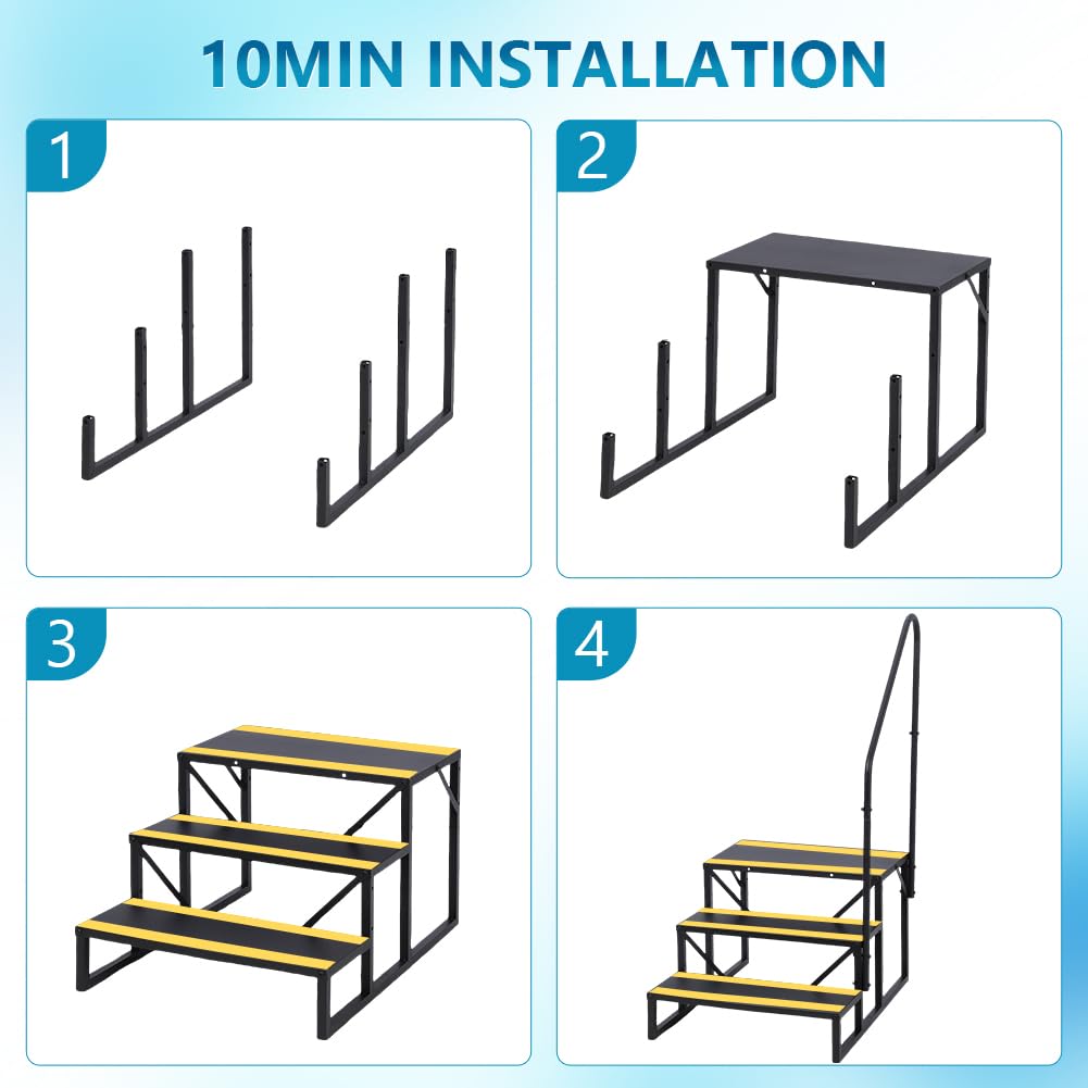 Garvee Escalier portable 3 marches avec rampe, bandes antidérapantes, métal robuste, pour camping-car, mobil-home, caravane, spa, piscine hors-sol, intérieur/extérieur