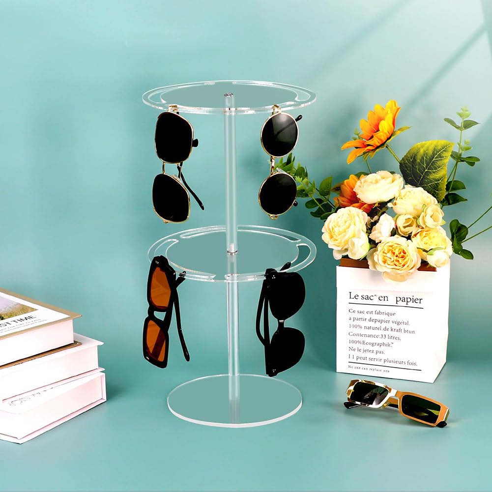 Garvee Présentoir à lunettes de soleil en acrylique transparent à double niveau, rotatif à 360°, pour bijoux et lunettes de table