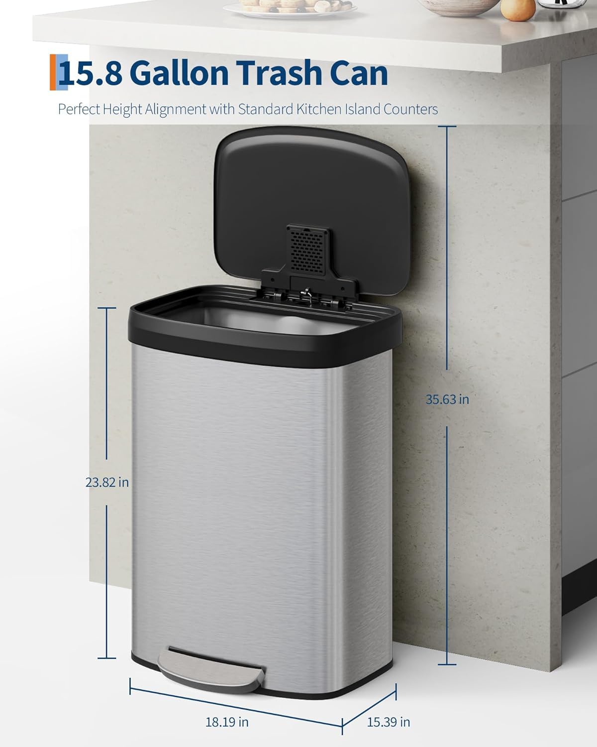 Poubelle Garvee 16 gallons en acier inoxydable avec couvercle à fermeture douce, poignée ergonomique, argentée, pour la cuisine et le bureau, compacte