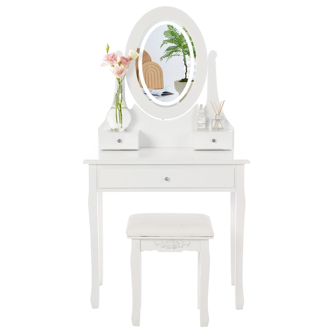 Coiffeuse Garvee avec miroir ovale et éclairage LED, 5 tiroirs, bois, pivotante à 360°, blanche, chambre moderne