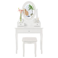 Coiffeuse Garvee avec miroir ovale et éclairage LED, 5 tiroirs, bois, pivotante à 360°, blanche, chambre moderne