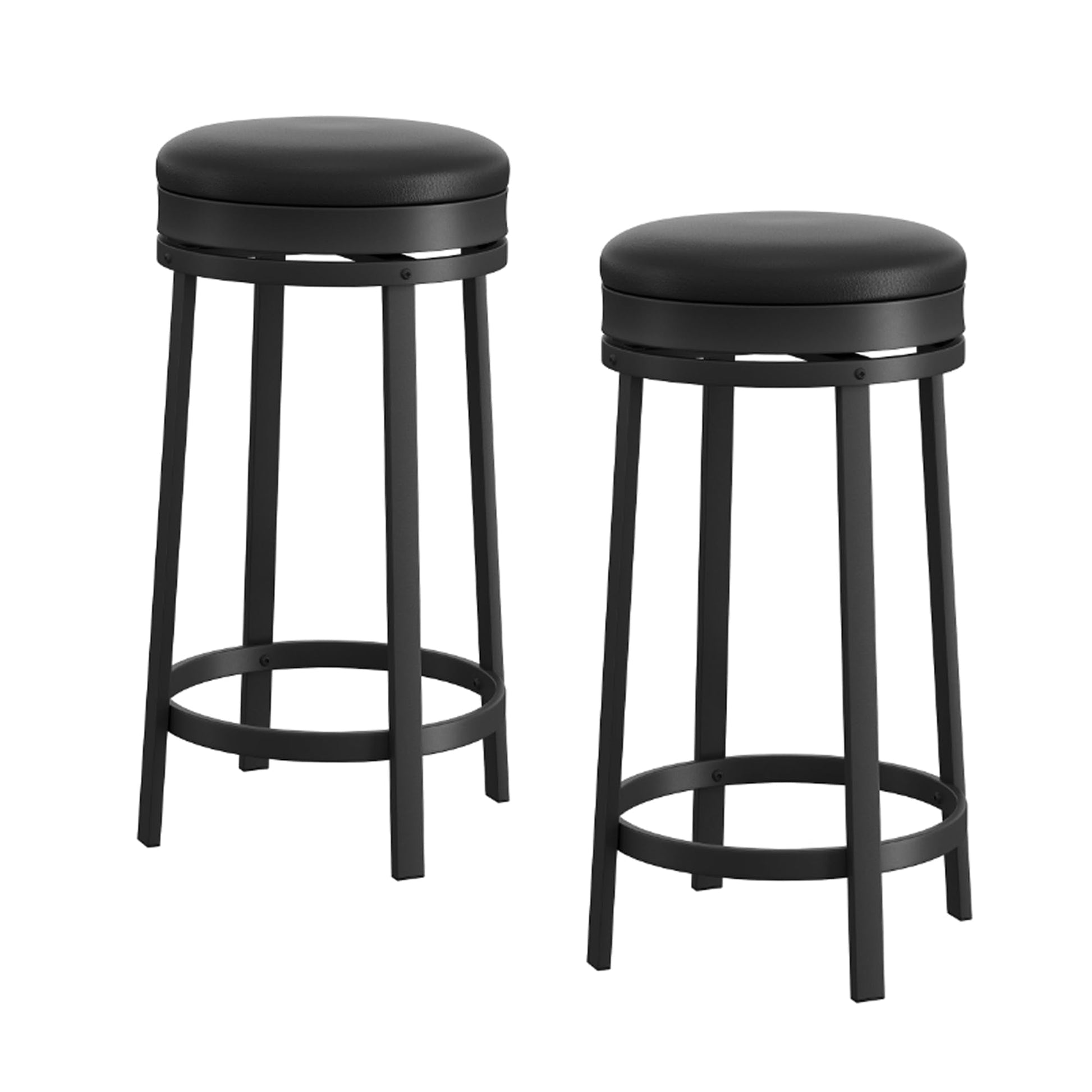 Garvee Lot de 2 tabourets de bar pivotants 61 cm, assise ronde en cuir PU noir, repose-pieds, cadre métal, sans dossier, pour îlot de cuisine