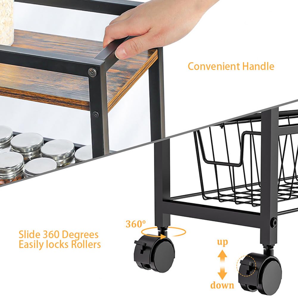 Chariot à roulettes Garvee Slim à 4 niveaux avec plateau en bois, structure robuste en acier, pour la cuisine et la salle de bain, largeur 19,5 cm, noir