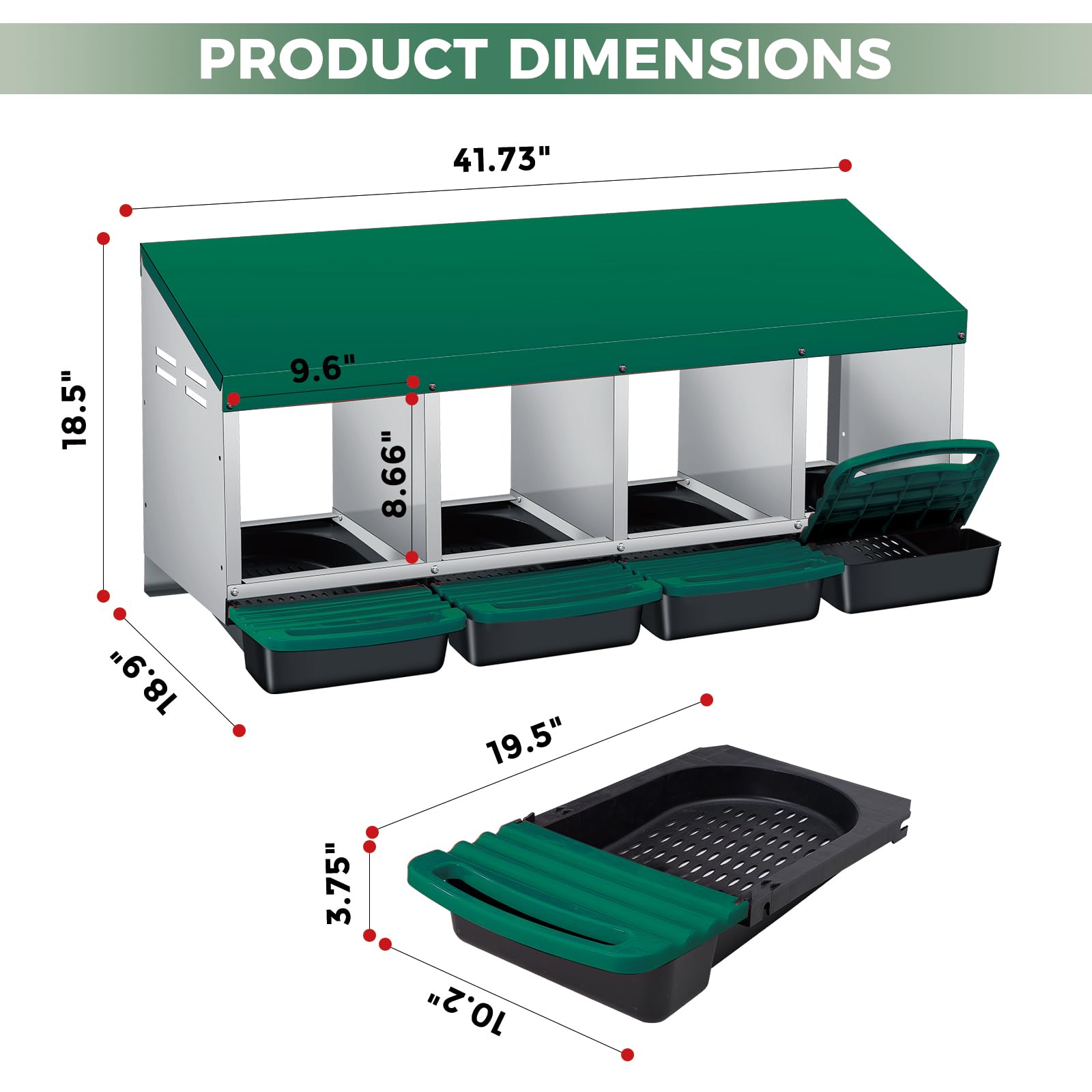 Garvee Nichoir pour Poules 4 Compartiments, Métal Galvanisé au Zinc avec Poignée en Plastique, Résistant pour Poulailler et Ferme, Vert