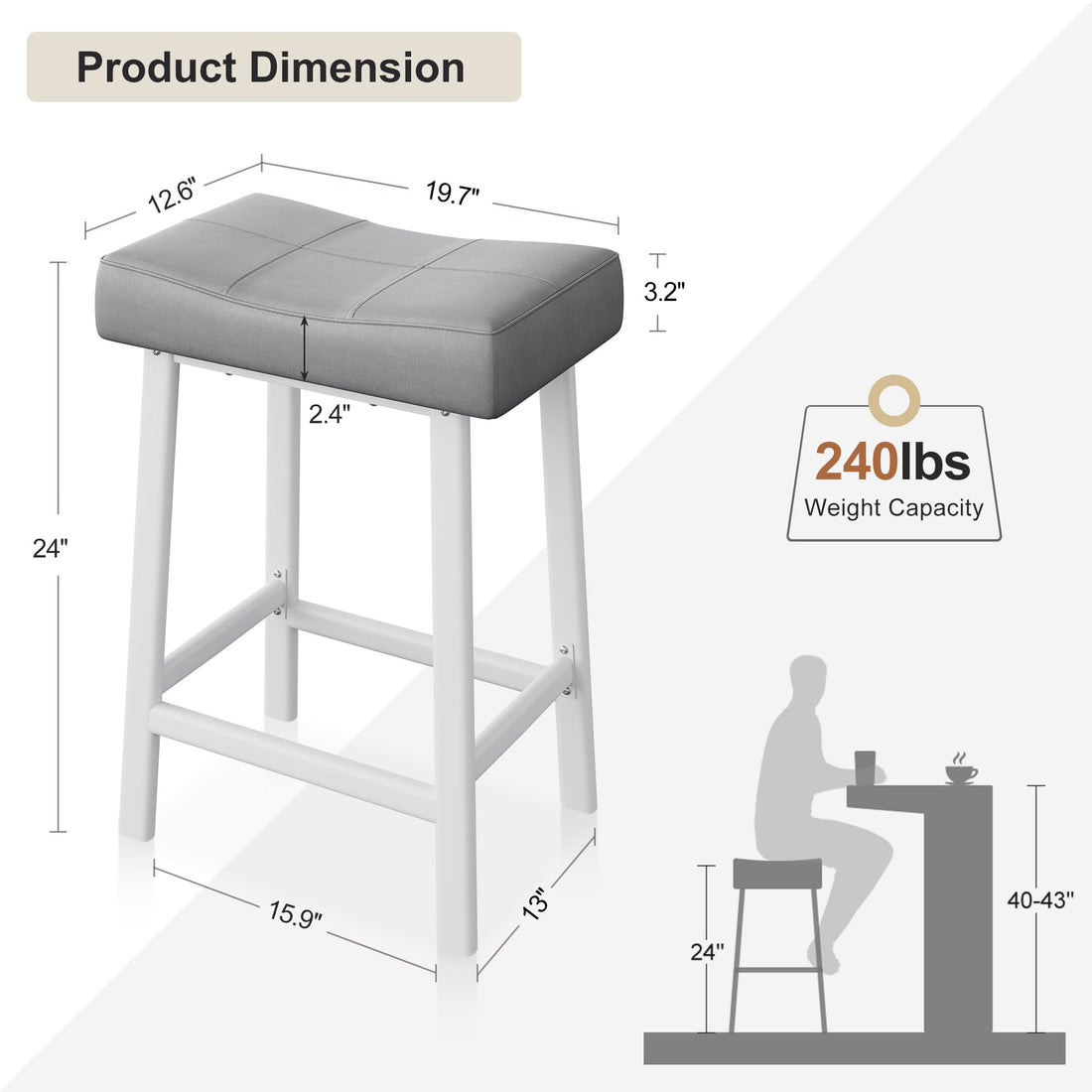 Garvee Lot de 2 tabourets de bar selle 61 cm, sans dossier, assise rembourrée incurvée, pieds métal et repose-pieds, pour îlot de cuisine ou bar, gris