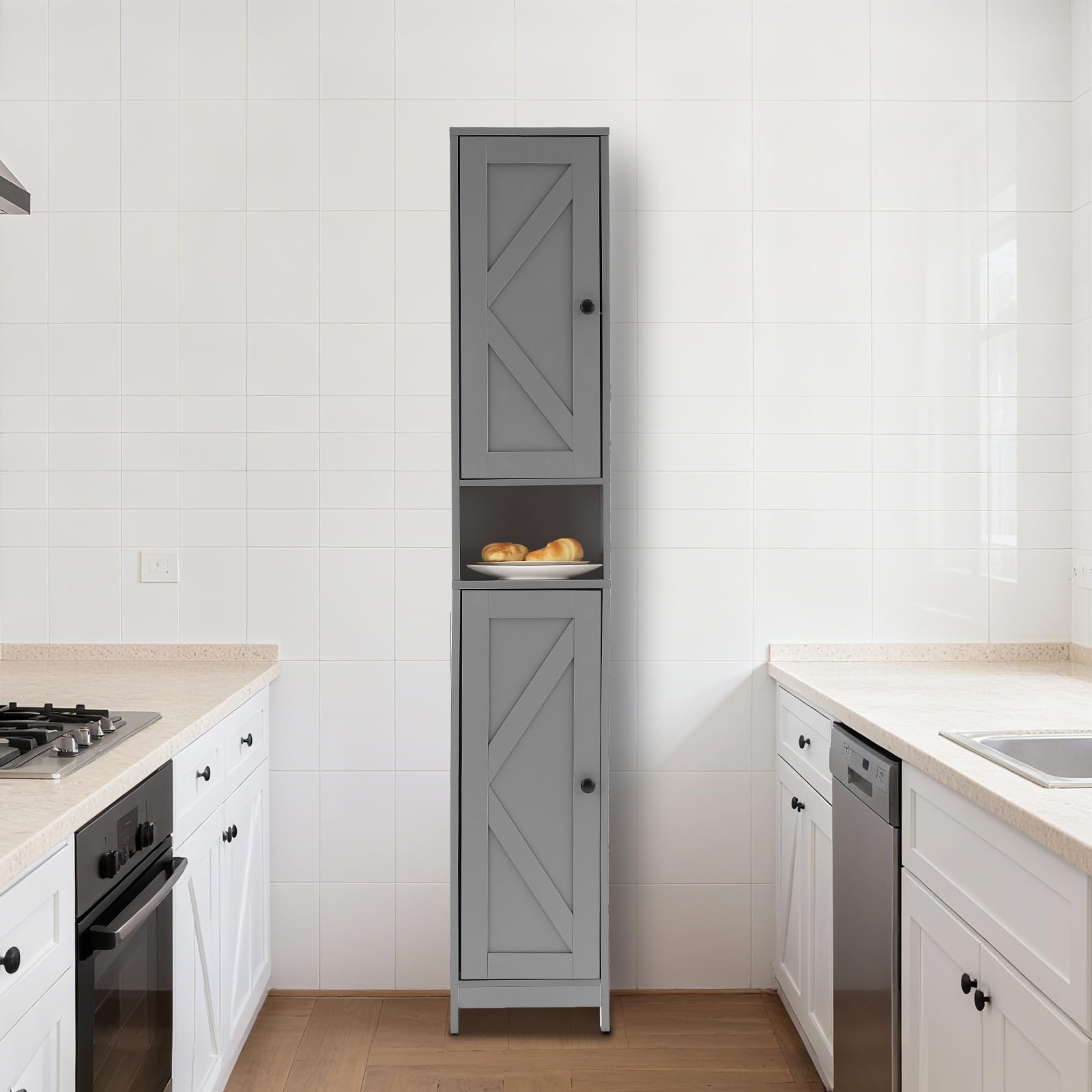 Meuble de salle de bain Garvee de 170 cm de haut avec 2 portes coulissantes de style grange et 1 tiroir, étagères réglables, bois massif, style campagnard, étroit, blanc, polyvalent pour la salle de bain et la cuisine