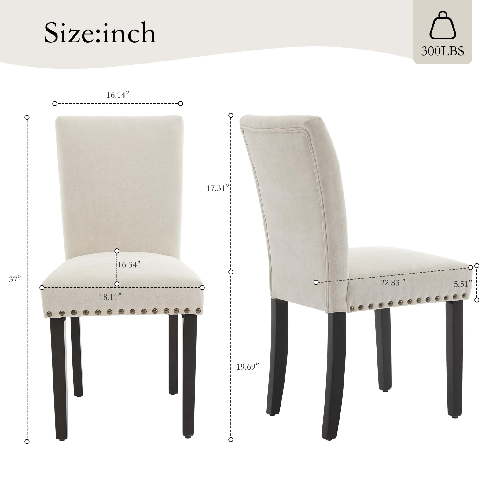 Ensemble de 2 chaises de salle à manger rembourrées Garvee, style moderne, garniture cloutée, tissu, ergonomiques, pieds en bois, beige, pour la cuisine et la salle à manger