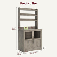 Étagère de boulangerie Garvee avec 2 portes vitrées, prise électrique, plan de travail épais en MDF, grand espace de rangement, gris rétro pour cuisine et salle à manger, 78 cm (L) x 40 cm (l) x 160 cm (H)