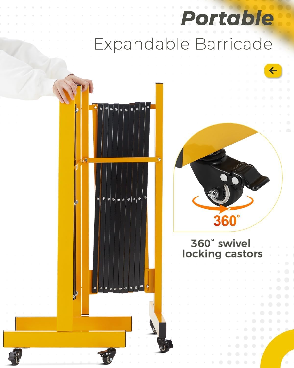 Garvee Barrière de sécurité extensible 274 cm, métal pliable avec roulettes, robuste, pour circulation, jaune et noir