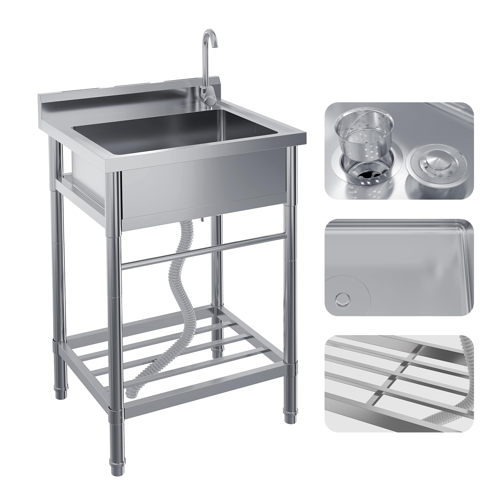 Garvee Évier sur Pied Inox 304 60 × 50 × 107 cm, Bac Unique, Robinet Eau Chaude/Froide, Pieds Réglables, Cuisine et Buanderie