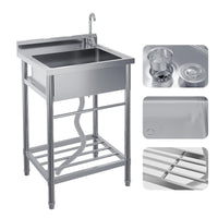 Garvee Évier sur Pied Inox 304 60 × 50 × 107 cm, Bac Unique, Robinet Eau Chaude/Froide, Pieds Réglables, Cuisine et Buanderie
