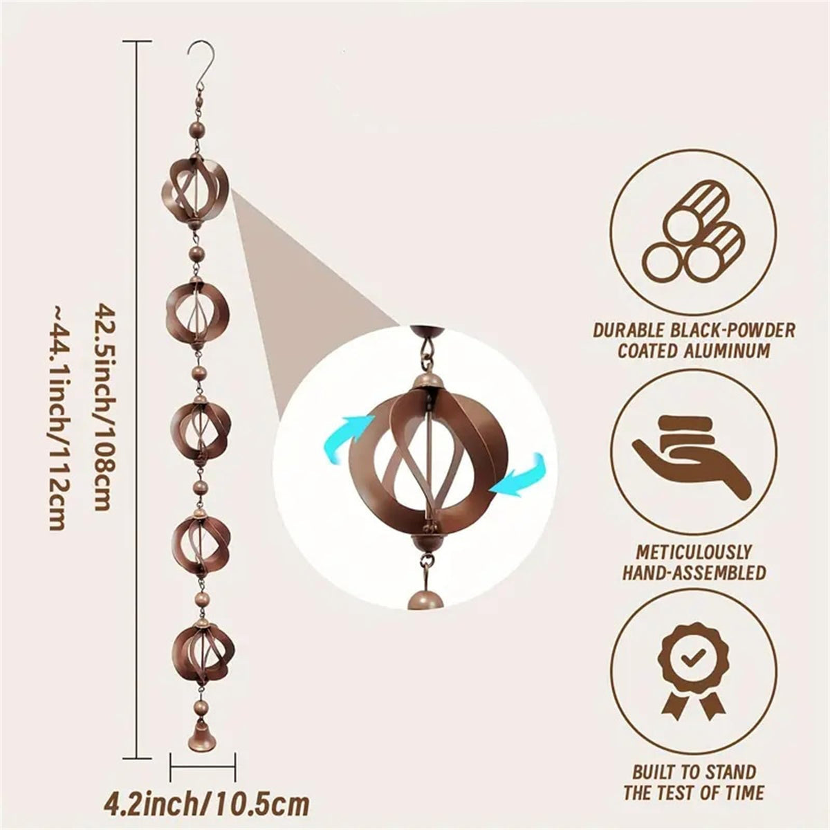 Carillon éolien en métal Garvee Rain Chain Bell Goot 108 cm, décoration de gouttière et de jardin, style rétro argenté