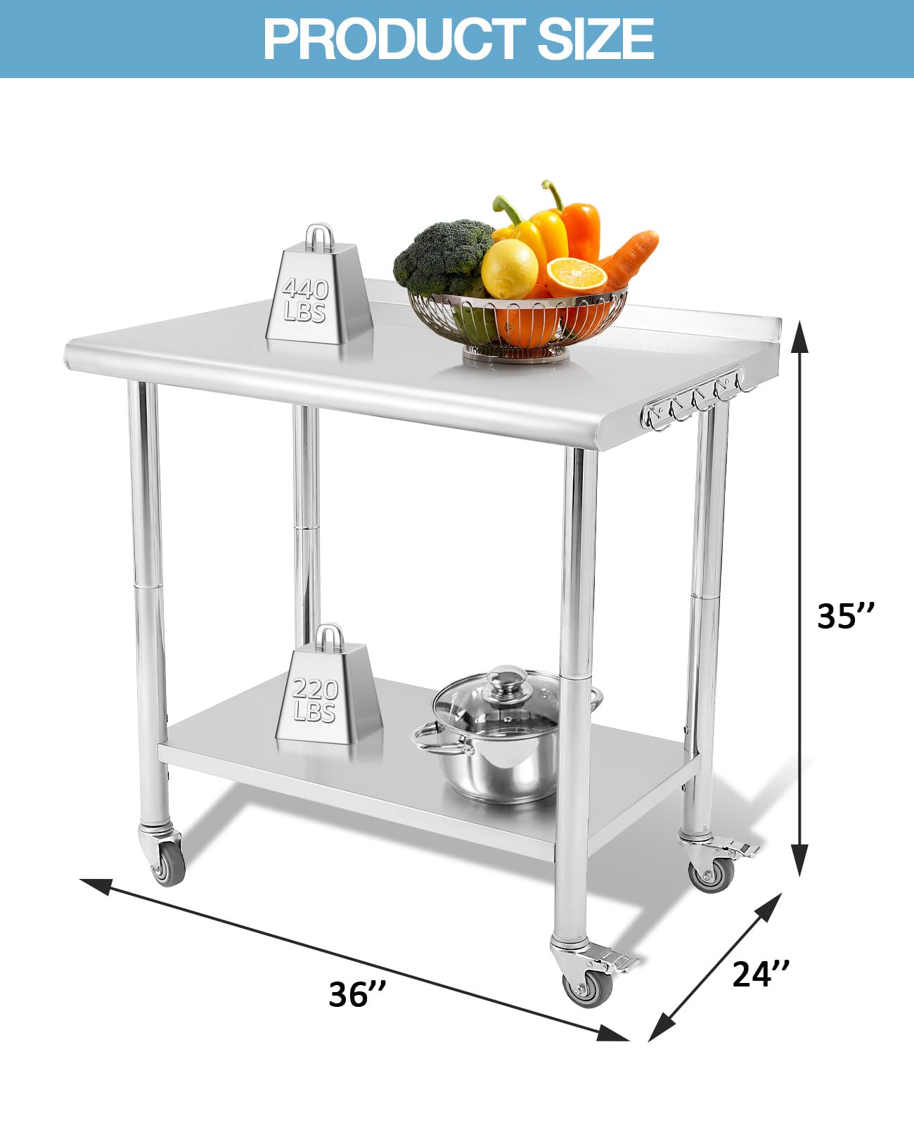 Garvee Table de préparation inox avec 5 crochets et roulettes, meuble mobile pour cuisine professionnelle