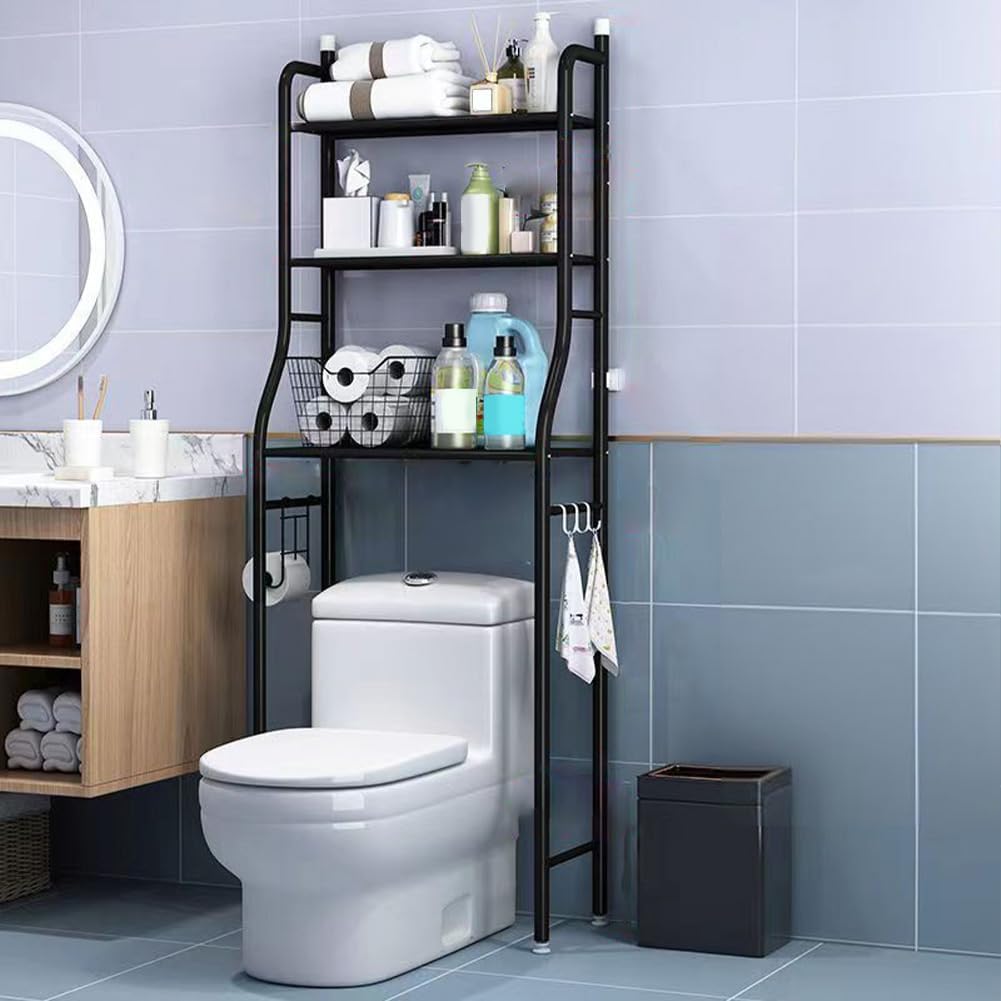 Étagère de salle de bain autoportante à 3 niveaux Garvee en métal avec crochets et porte-papier toilette pour salle de bain, toilettes et buanderie, noire, gain de place