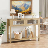 Garvee Console en MDF Bois naturel avec 2 Tiroirs à Façades en Verre, L. 110 × P. 30 × H. 80 cm, Meuble de Rangement pour Salon et Entrée - Bois naturel