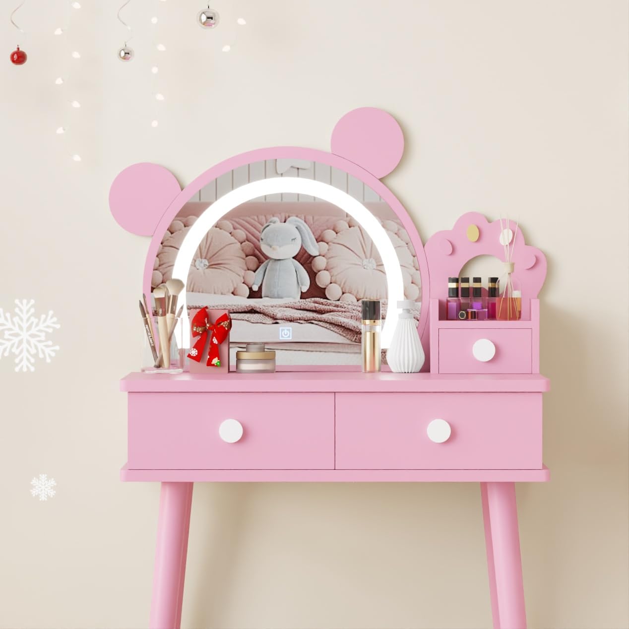 Coiffeuse Garvee pour enfant avec éclairage LED et rangement, forme ours, bois, miroir réglable, tabouret fleuri pour salle de jeux, 55 cm (L) x 38 cm (l) x 101 cm (H), couleur naturelle