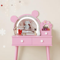 Coiffeuse Garvee pour enfant avec éclairage LED et rangement, forme ours, bois, miroir réglable, tabouret fleuri pour salle de jeux, 55 cm (L) x 38 cm (l) x 101 cm (H), couleur naturelle