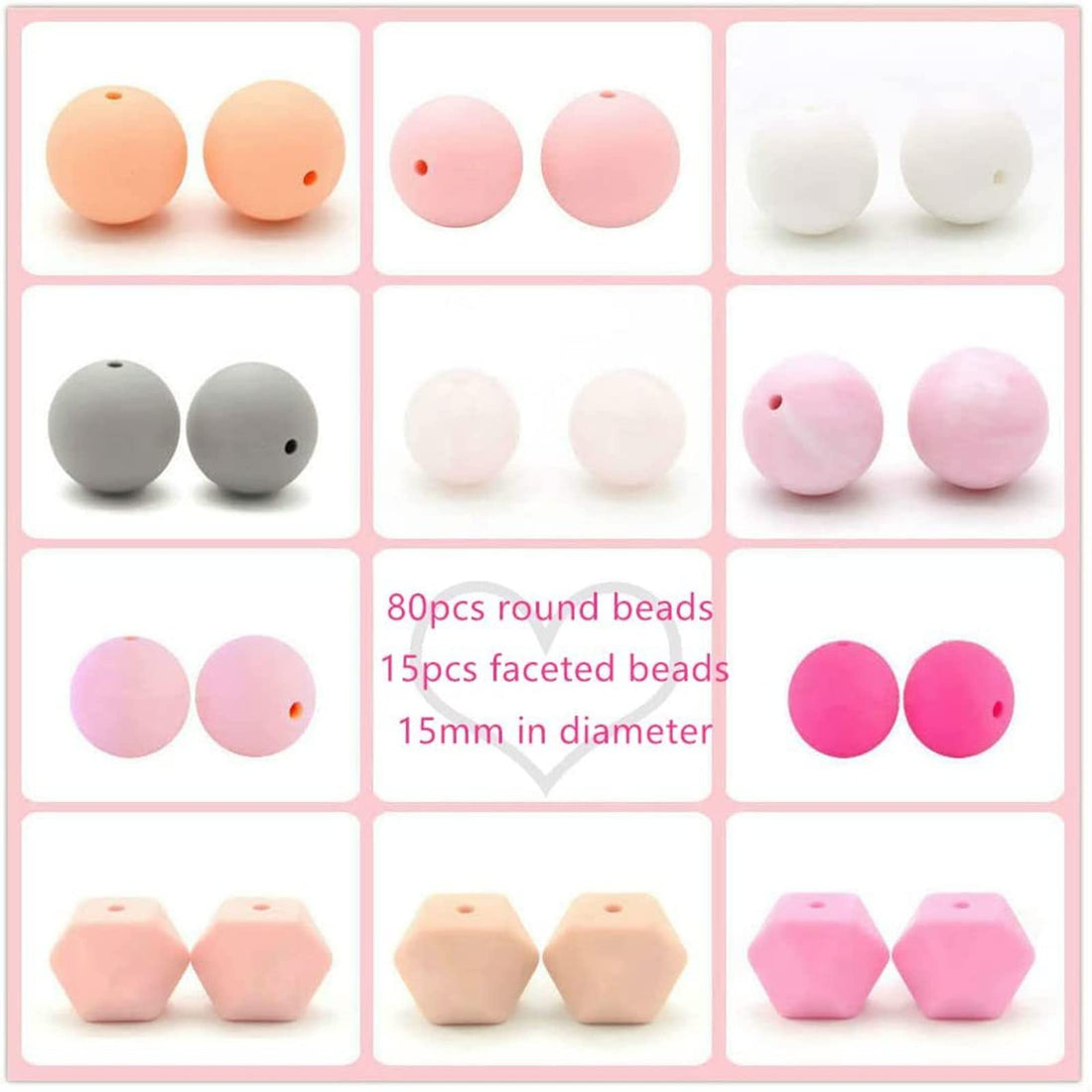 Ensemble de 95 perles en silicone Garvee, couleurs assorties, comprenant 80 perles rondes (15 mm) et 15 perles polygonales (17 mm) pour la création de bijoux et de porte-clés, avec un cordon de 2 m.