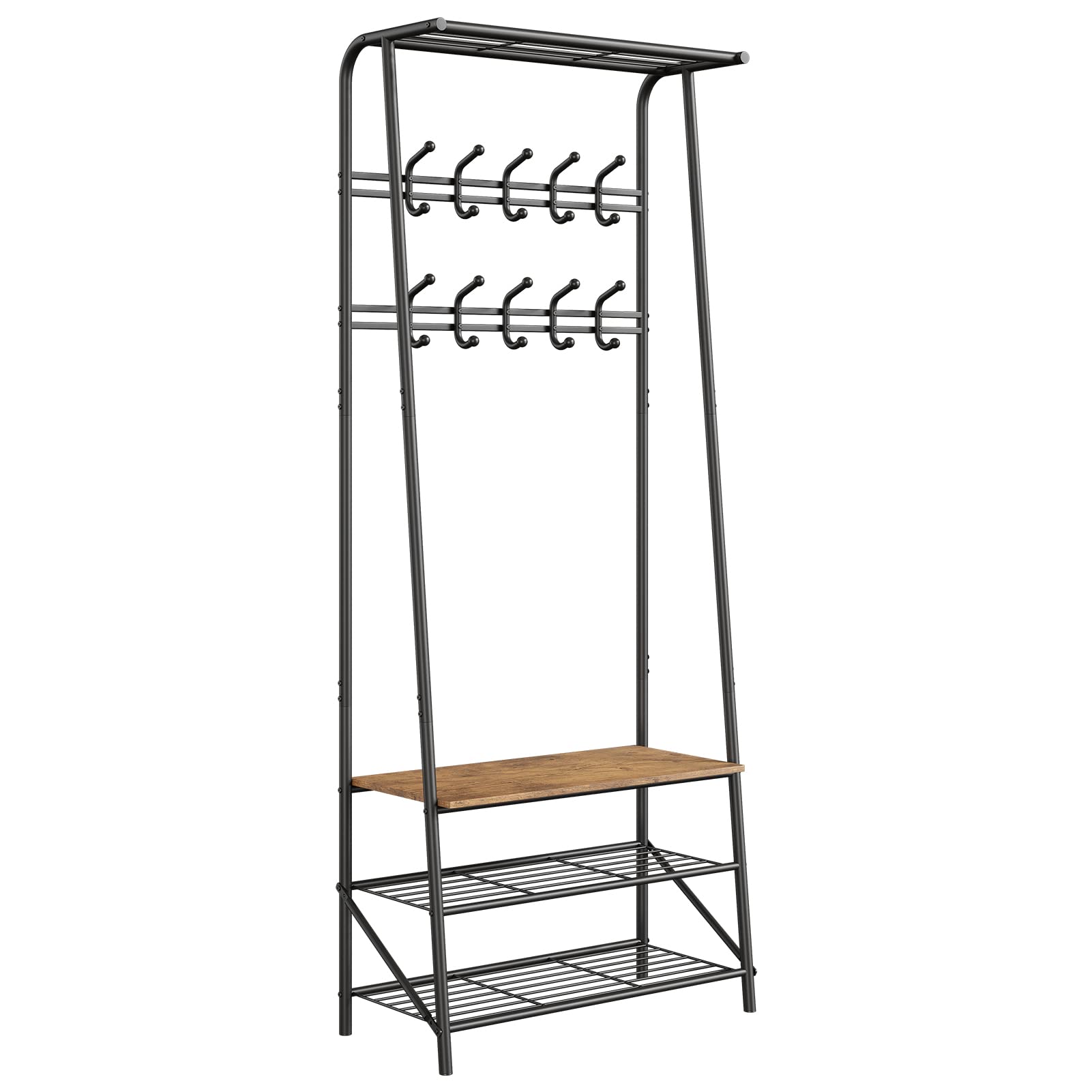 Banc d'entrée Garvee avec 10 crochets – Structure en métal, aspect bois, range-chaussures et siège 4 en 1 pour entrée et salon