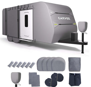 Housse de camping-car Garvee pour 8,2 à 9,1 m (27 à 30 pi) résistante aux UV, imperméable et coupe-vent, avec protections pour pneus et timon, pour toutes les saisons, 9,3 m (366 po) L x 2,6 m (102 po) l x 2,6 m (104 po) H, grise