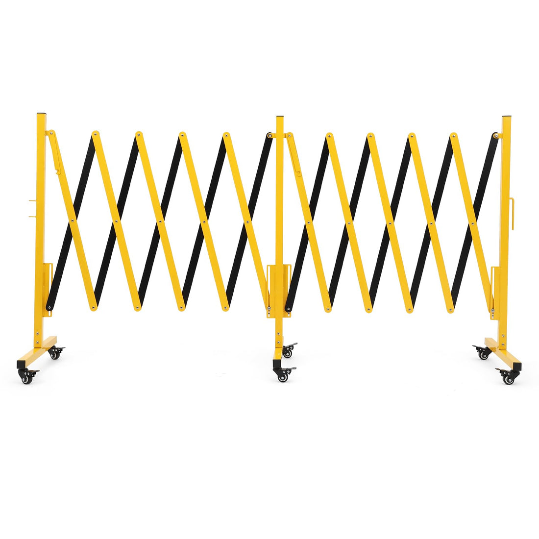 Barrière métallique extensible Garvee de 4,88 m (16 pi) avec roues pour chantiers et signalisation routière, jaune et noir, flexible et facile à assembler
