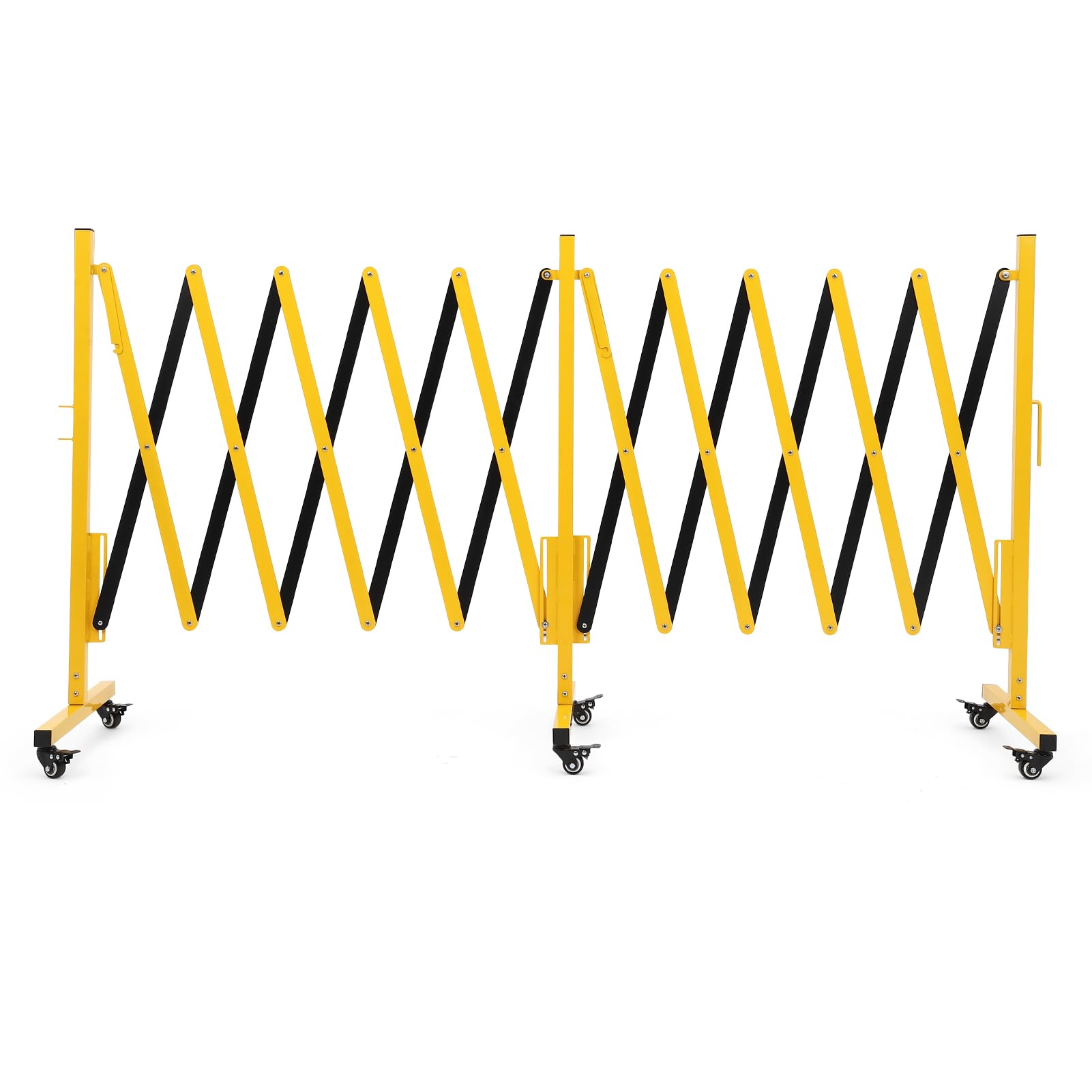 Barrière métallique extensible Garvee de 4,88 m (16 pi) avec roues pour chantiers et signalisation routière, jaune et noir, flexible et facile à assembler