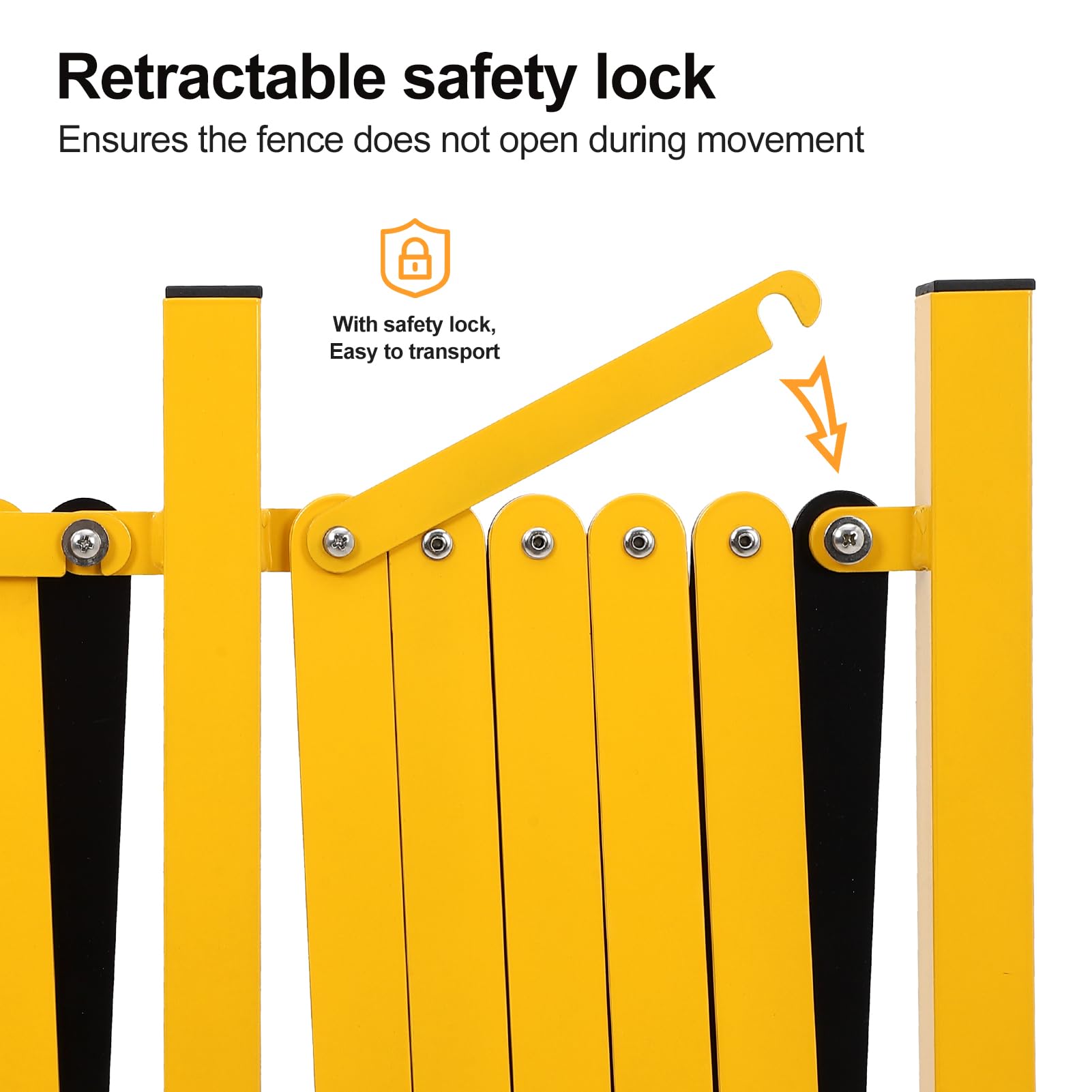 Barrière métallique extensible Garvee de 4,88 m (16 pi) avec roues pour chantiers et signalisation routière, jaune et noir, flexible et facile à assembler