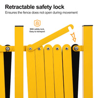 Barrière métallique extensible Garvee de 4,88 m (16 pi) avec roues pour chantiers et signalisation routière, jaune et noir, flexible et facile à assembler