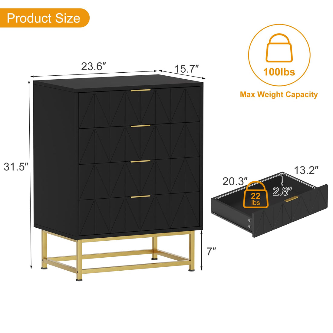 Garvee commode à 4 tiroirs avec pieds en métal pour le salon et la chambre, 81 cm, tiroirs en tissu