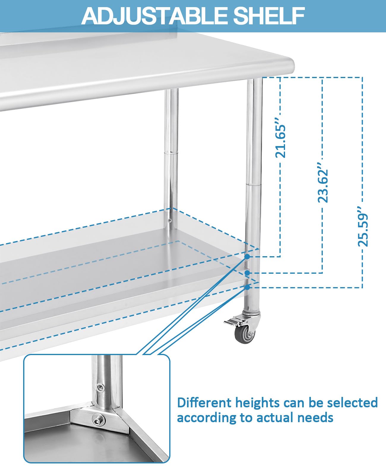 Garvee Table de préparation inox avec 5 crochets et roulettes, meuble mobile pour cuisine professionnelle