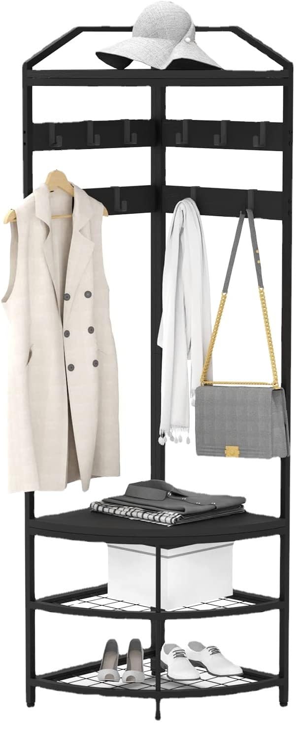 Garvee Porte-manteau d'angle avec rangement, métal, protection anti-basculement, étagères en maille, autoportant, noir pour couloir et chambre