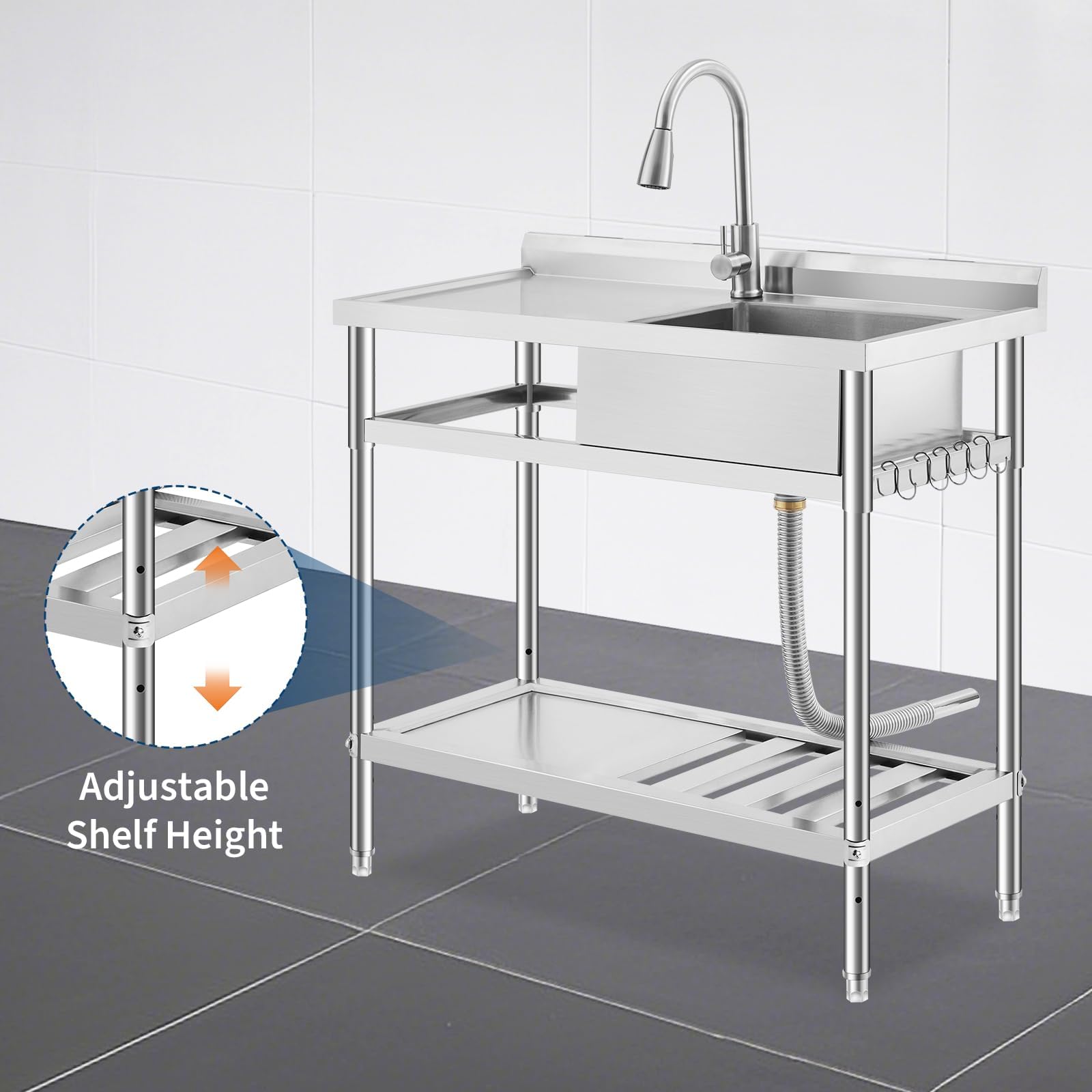 Garvee Évier Professionnel Inox 304 99 cm avec Robinet Pivotant 360°, Étagère Réglable, Multifonction Cuisine et Garage