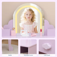 Garvee Coiffeuse Enfant avec Miroir LED, Table et Tabouret 2 en 1, Lumière Réglable, MDF Sûr, Grand Rangement, 100 cm, Lilas