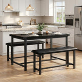 Garvee Table à manger 3 pièces avec 2 bancs rembourrés bois métal noir pour cuisine appartement - Noir