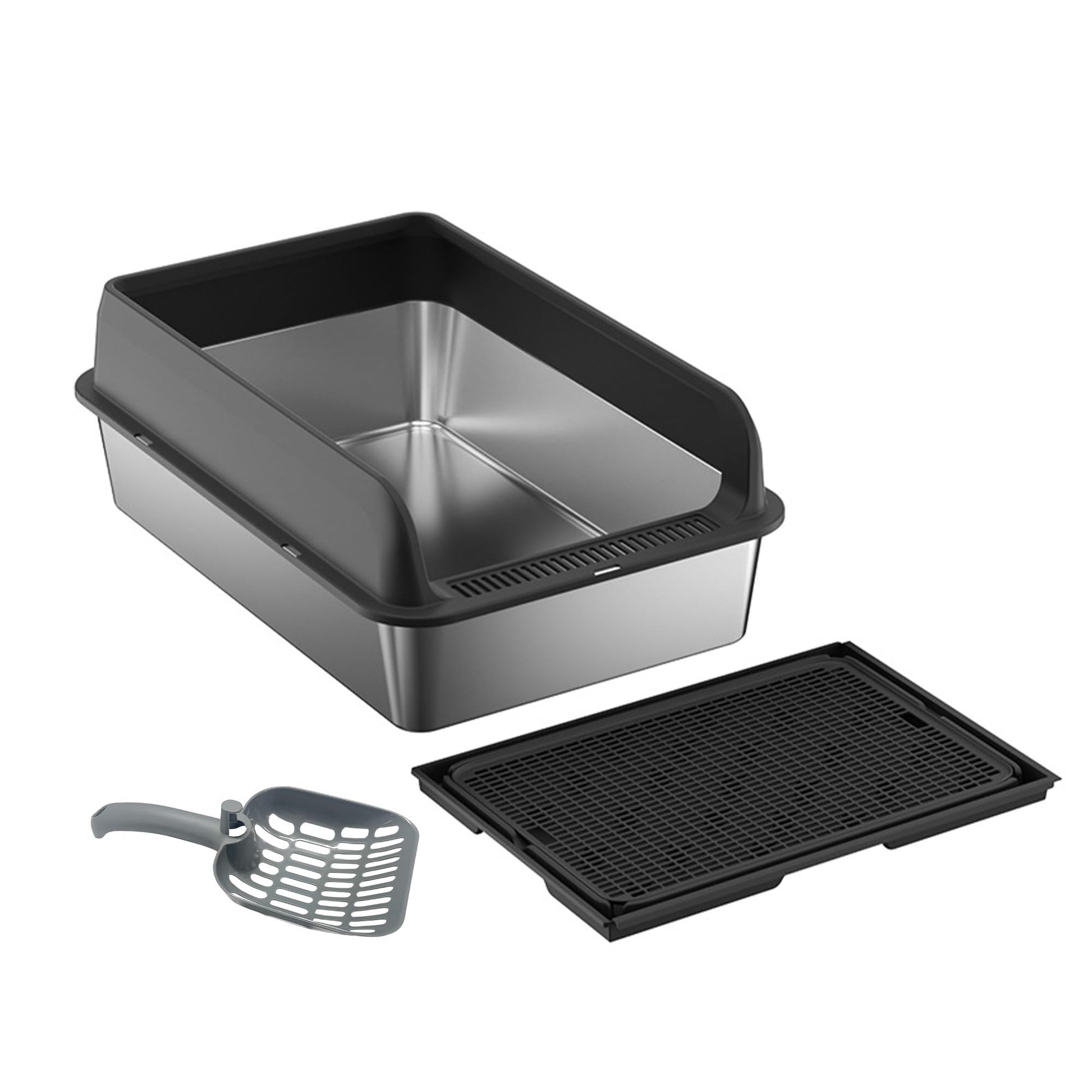 Bac à litière pour chat Garvee en acier inoxydable avec couvercle, 15 cm de profondeur, antirouille, grande capacité pour un usage domestique, double tapis de litière, facile à nettoyer