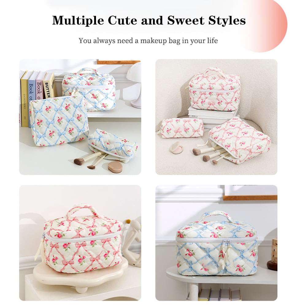 Garvee Trousse de maquillage 3 pièces (L+M+S) Petite trousse cosmétique pour femme, idéale pour les voyages et les activités de plein air, motif floral rose, fleur