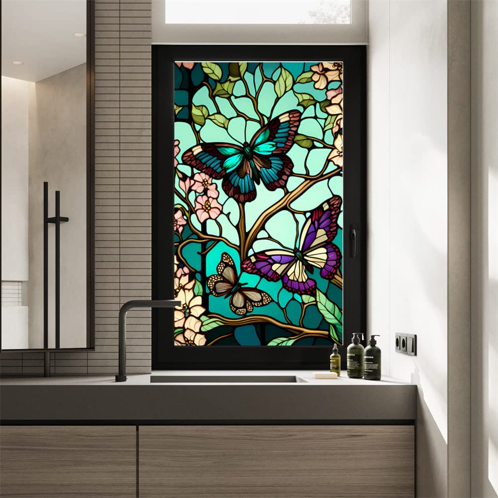 Film de protection solaire Garvee pour fenêtres, motif floral papillon, amovible, protection UV, pour salle de bain et chambre, 45 x 100 cm, transparent