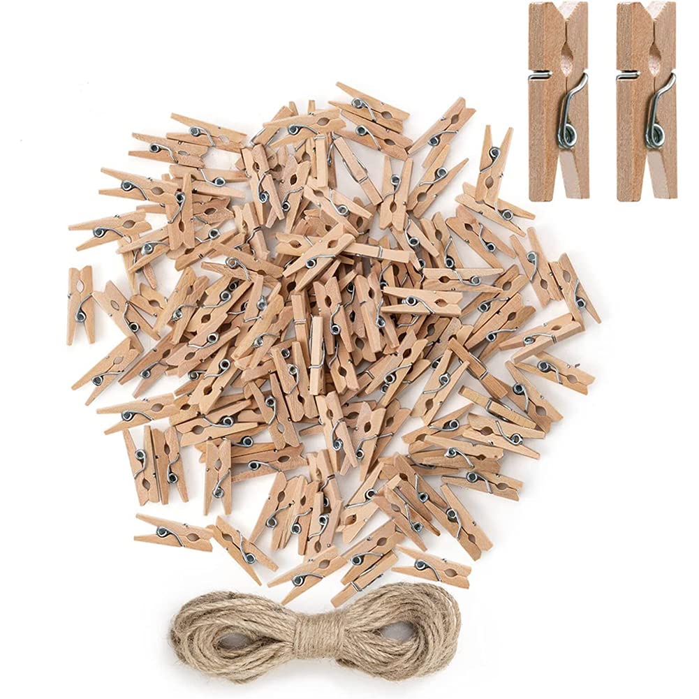 Garvee Lot de 100 mini pinces à linge en bois naturel de 2,5 cm avec ficelle de jute pour décoration et jardinage.