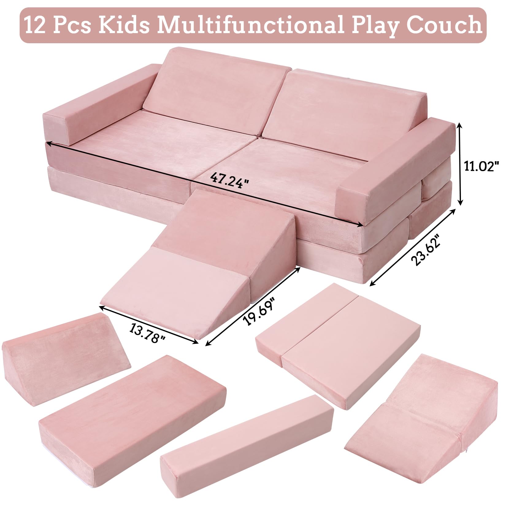 Garvee Canapé modulable enfant 12 pièces, convertible et polyvalent, mousse résistante, housse lavable, coloris teal et rose, idéal salle de jeux et chambre d’enfant
