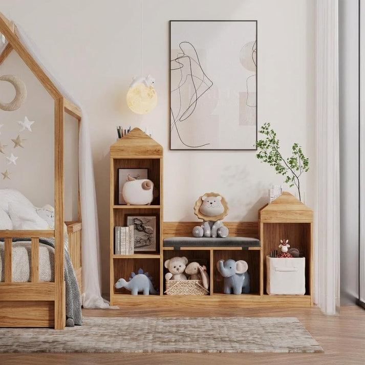 Meuble rangement enfants design original sommet en forme de toit