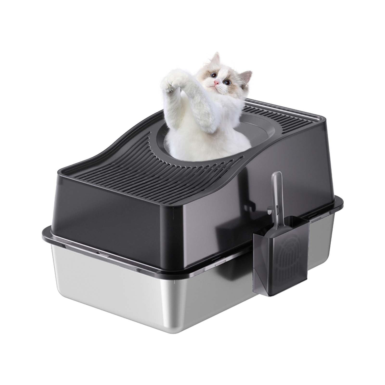 Garvee Bac à litière en acier inoxydable avec couvercle, extra large, bords hauts, inodore, pour chats jusqu'à 15 kg, argent