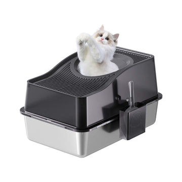 Garvee Bac à litière en acier inoxydable avec couvercle, extra large, bords hauts, inodore, pour chats jusqu'à 15 kg, argent