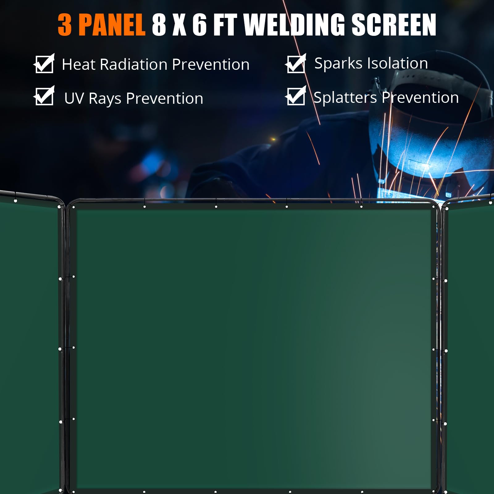 Panneau de protection de soudage Garvee à 3 panneaux, 2,44 m x 1,83 m, PVC ignifugé, cadre en acier, roues, protection UV, atelier/garage