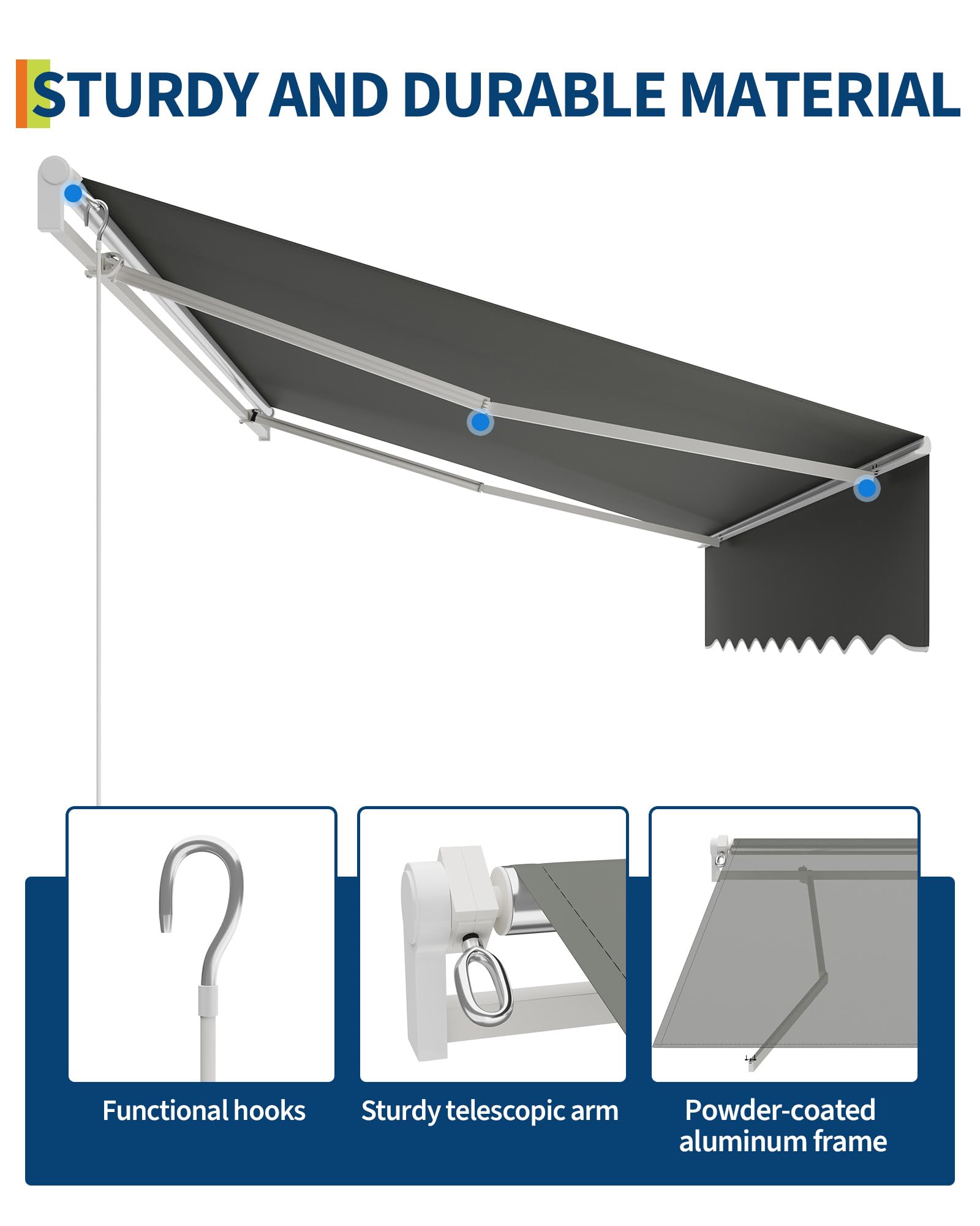 Store banne rétractable Garvee 3 m x 2,4 m avec cadre en aluminium pour terrasse et balcon, gris, imperméable, protection UV