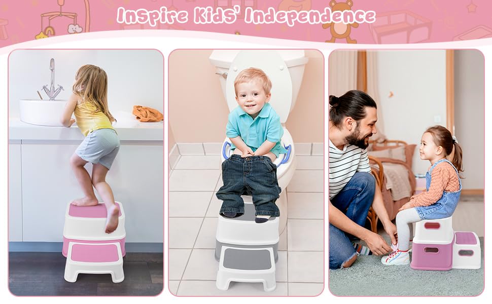 Marchepied enfant Garvee, 2 marches, en polypropylène, antidérapant et stable, pour salle de bain, cuisine, évier, rose